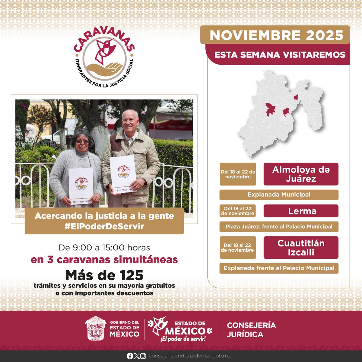 Ten presente que las #CaravanasItinerantes por la #JusticiaSocial estarán esta semana en #AlmoloyaDeJuárez, #Lerma y #CuautitlánIzcalli. Conoce los más de 125 trámites, servicios y asesorías que hay para ti.
#ElPoderDeServir