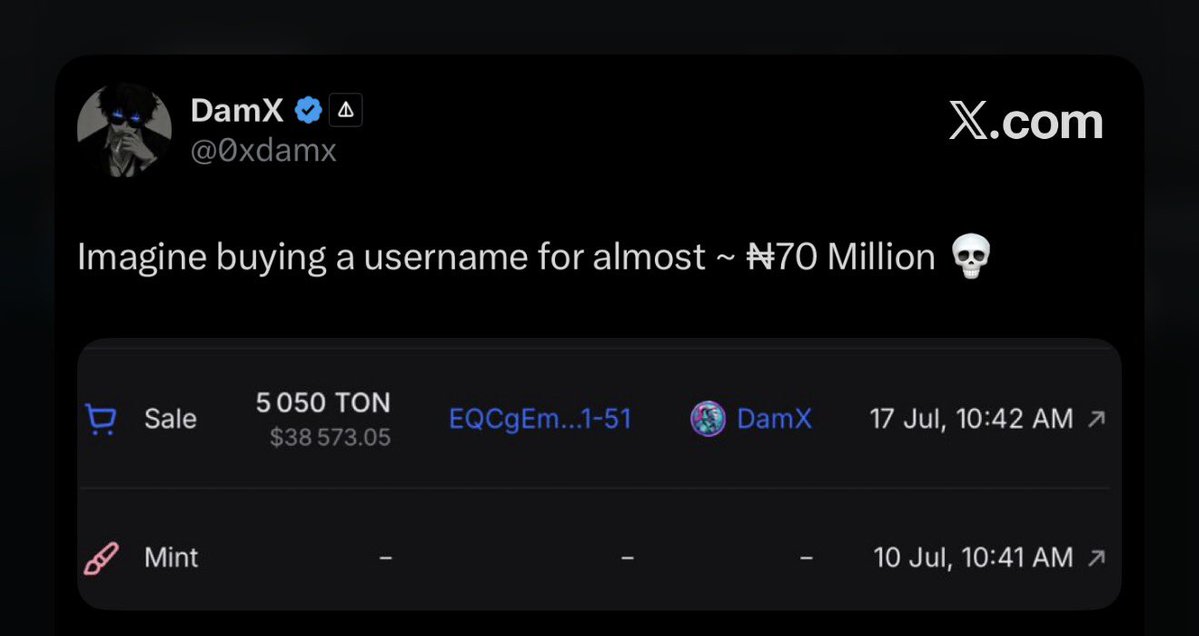0xdamx's tweet image. spent 5,050 $TON ~$38,600 to mint the @damx username on Telegram back in July 2024.

that’s the base cost to mint a 4 letter username.

now those same 5,050 TON are worth about $8,500 rn 👀

maybe i should have waited for TON to be cheaper before minting 🤔
