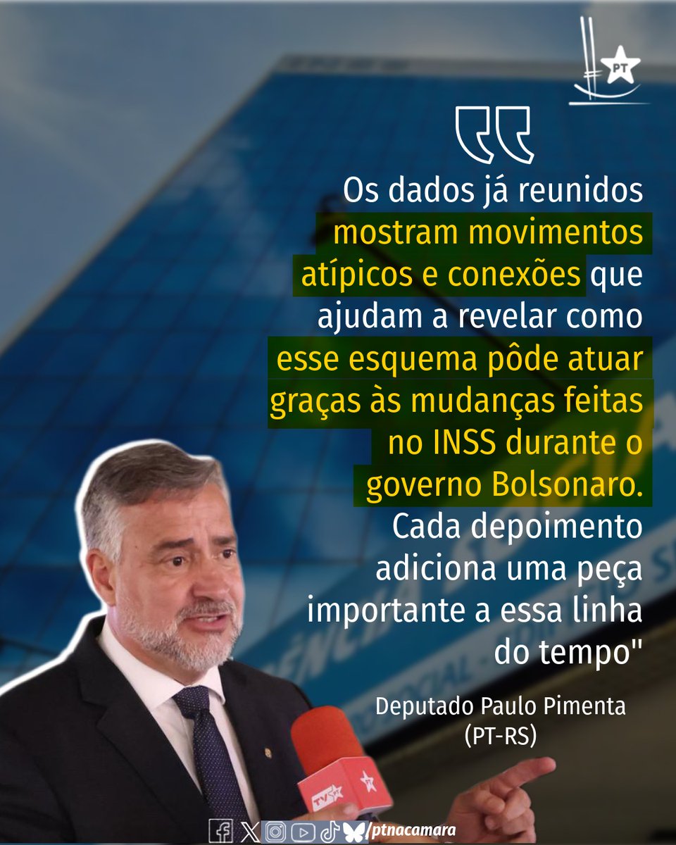 PTnaCamara's tweet image. "Seguimos firmes pela verdade e na defesa dos aposentados, aposentadas e pensionistas do Brasil", garantiu o deputado @Pimenta13Br (PT-RS).

#CPMIdoINSS #INSS #Aposentados #Pensionistas #PT #PTnaCâmara