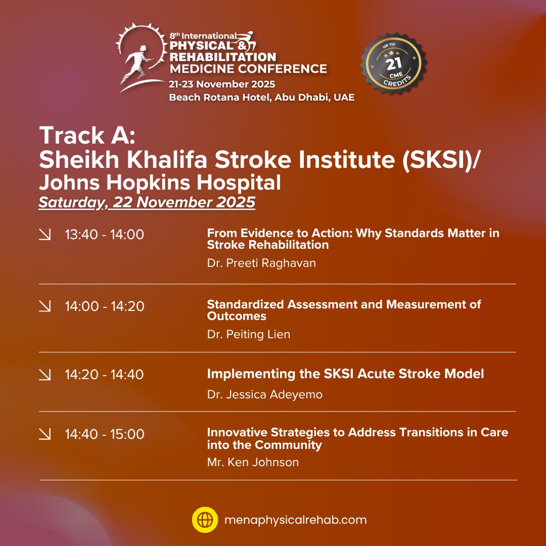 MENArehab's tweet photo. 💡 Track A: Stroke Rehab (SKSI/JHH) + Cancer Rehabilitation
A dual-theme lineup on Saturday covering stroke rehab standards, outcome measurement, acute stroke models, survivorship, oncology rehab &amp; palliative care.

Register here: https://t.co/4vNXInxpXi

#pmr #rehabilitation https://t.co/Godf7WFDxo