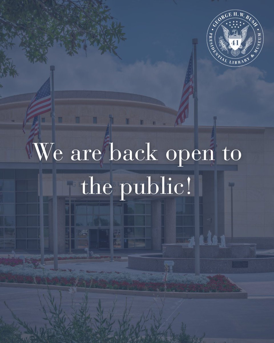 Bush41Library's tweet image. The George H.W. Bush Presidential Library &amp;amp; Museum is happy to announce that operations have been resumed and we are open to the public!

#bush41 #bush41library #bush41museum