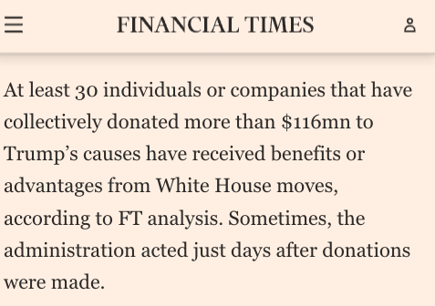 RBReich's tweet image. At least 30 individual or corporations who have given over $116M to Trump and his super PAC have received regulatory favors from the Trump White House. 

That includes Big Tobacco companies, Pharma giants, and crypto moguls like the Winklevoss twins. 

Pay-to-play corruption.