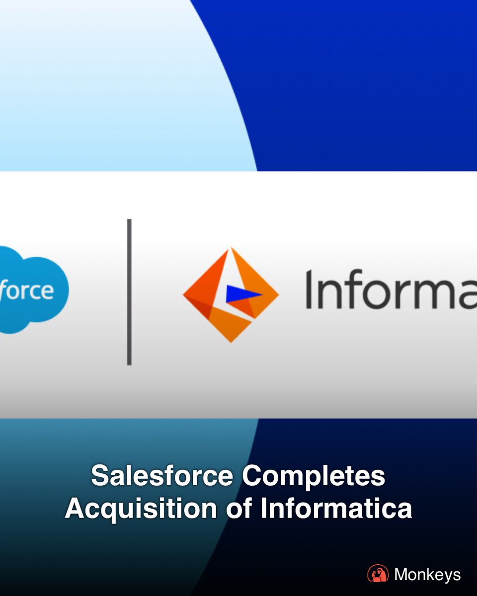 monkeys_com_co's tweet image. Salesforce completes its acquisition of Informatica, strengthening its position in data management and cloud integration. This major deal combines Salesforce’s CRM leadership with Informatica’s data intelligence platform, creating a powerhouse for enterprise data solutions.