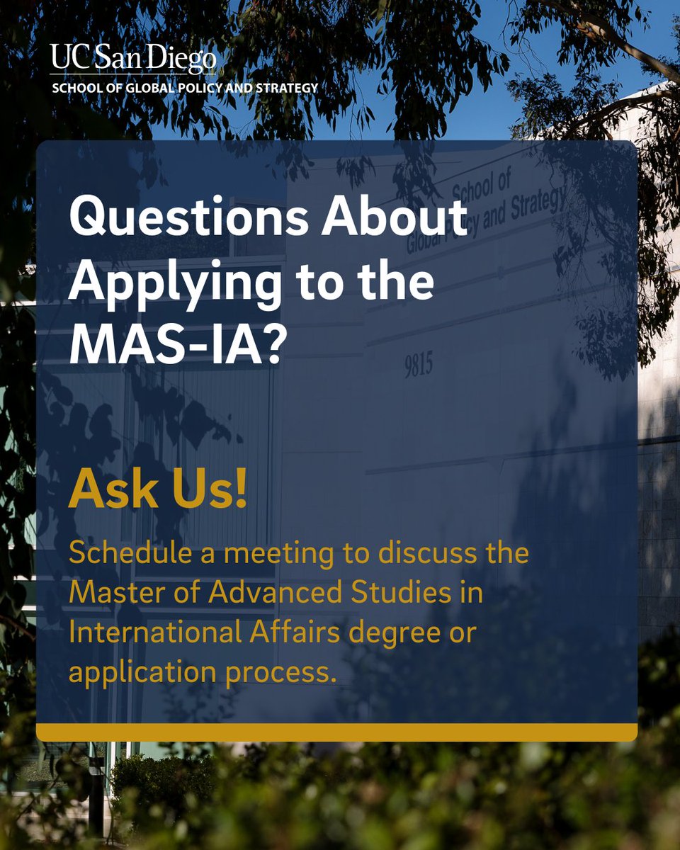 GPS_UCSD's tweet image. Applying to the Master of Advanced Studies in International Affairs (MAS-IA) program and have questions regarding the degree or the application process? 

🗓️ Schedule a time to meet with our assistant director of executive programs! ow.ly/8FyT50XukcV