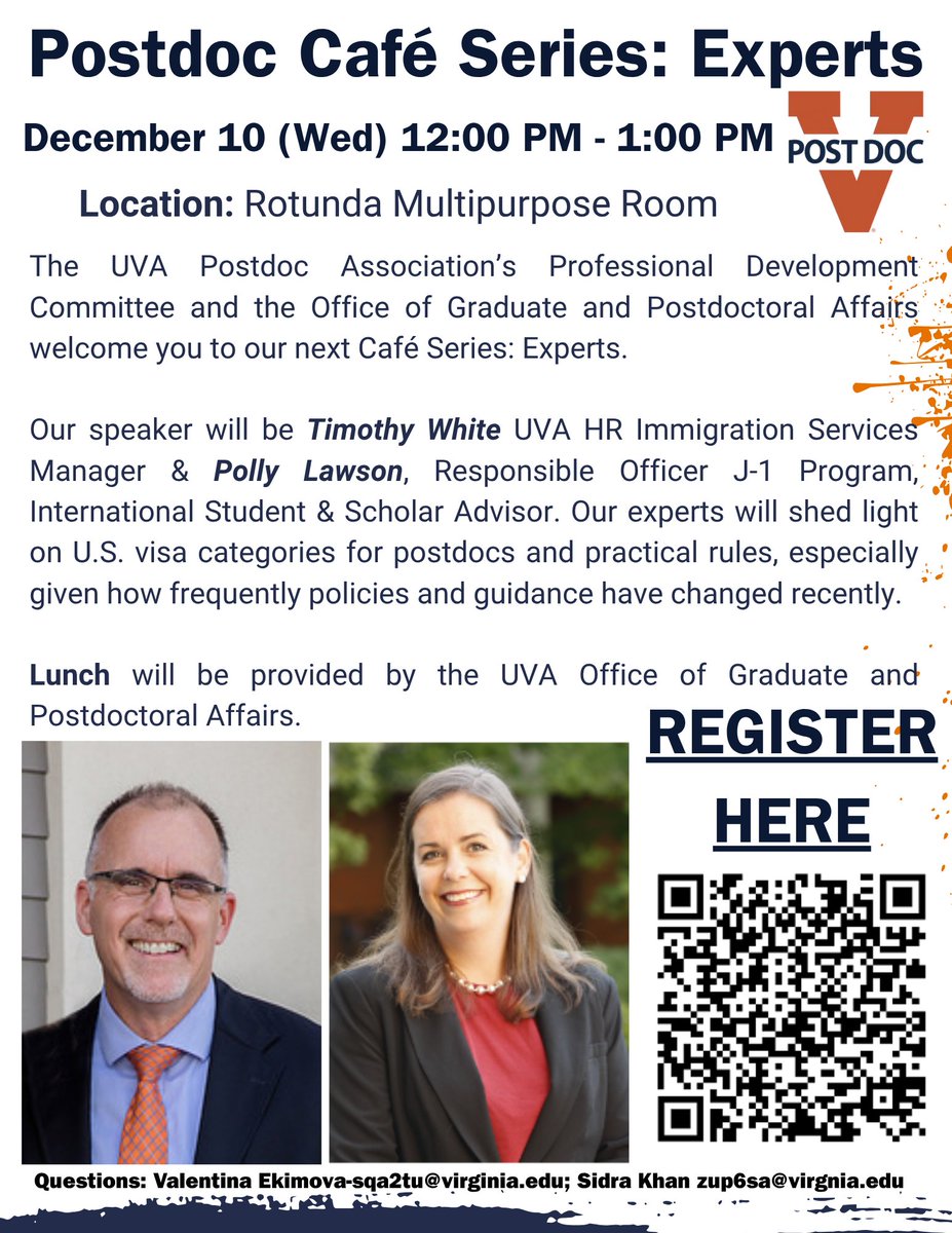 UVAPostdocs's tweet image. Join us Dec 10, 12–1 PM for our next Postdoc Café Series: Experts on U.S. immigration pathways.

Hear from:
• Timothy White (UVA HR Immigration Services)
• Polly Lawson (Responsible Officer, J-1 Program)
📍 Rotunda Multipurpose Room
🍽 Lunch provided
🔗 Register below!