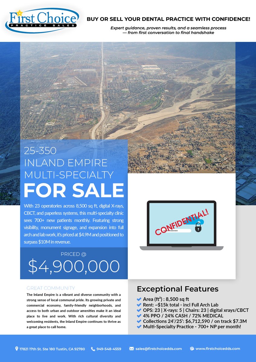 FirstChoicePS's tweet image. 🦷 Dental Office for Sale – Inland Empire, CA
Modern operatories, loyal patient base &amp;amp; prime visibility in Southern California’s fastest‑growing region. Perfect for dentists ready to expand or step into ownership.

👉 firstchoicedds.com/dental-office-…

First Choice Practice Sales, Inc.…