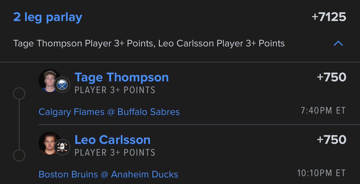 NHL Wednesday Main Points Duo 🏒🚨

Thompson/Carlsson 🪜
1+ Pts +104 1u
🔗 betfinder.short.gy/7rkbsI
2+ Pts +942 0.25u
🔗 betfinder.short.gy/Qs5J7i
3+ Pts +7125 0.1u
🔗 betfinder.short.gy/re77VG

♦️ Tage 5 pts in his L3 games and at least 1 pt in 6 straight games vs CGY dating back to