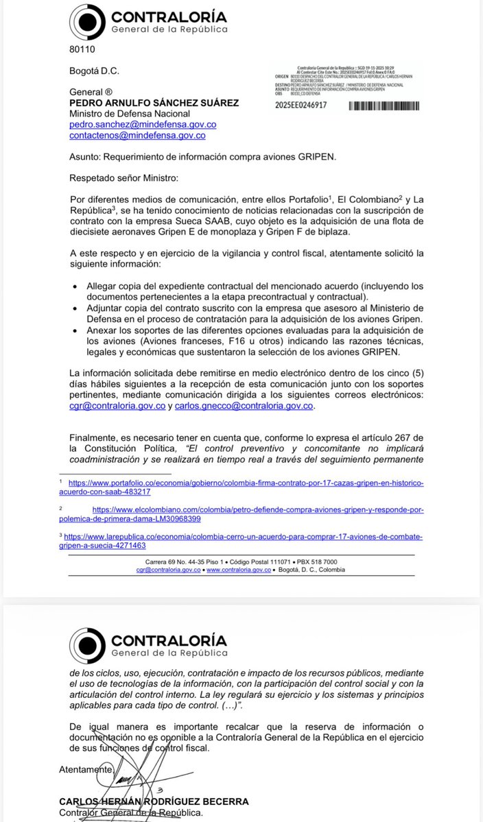 Melquisedec70's tweet image. Atentos. Muy preocupante que a estas horas, pasados 6 días desde el anuncio de Petro, la @CGR_Colombia no tenga ninguna información sobre la compra de los 17 aviones de guerra por 3.100 millones de euros. Y deba pedirla al @mindefensa