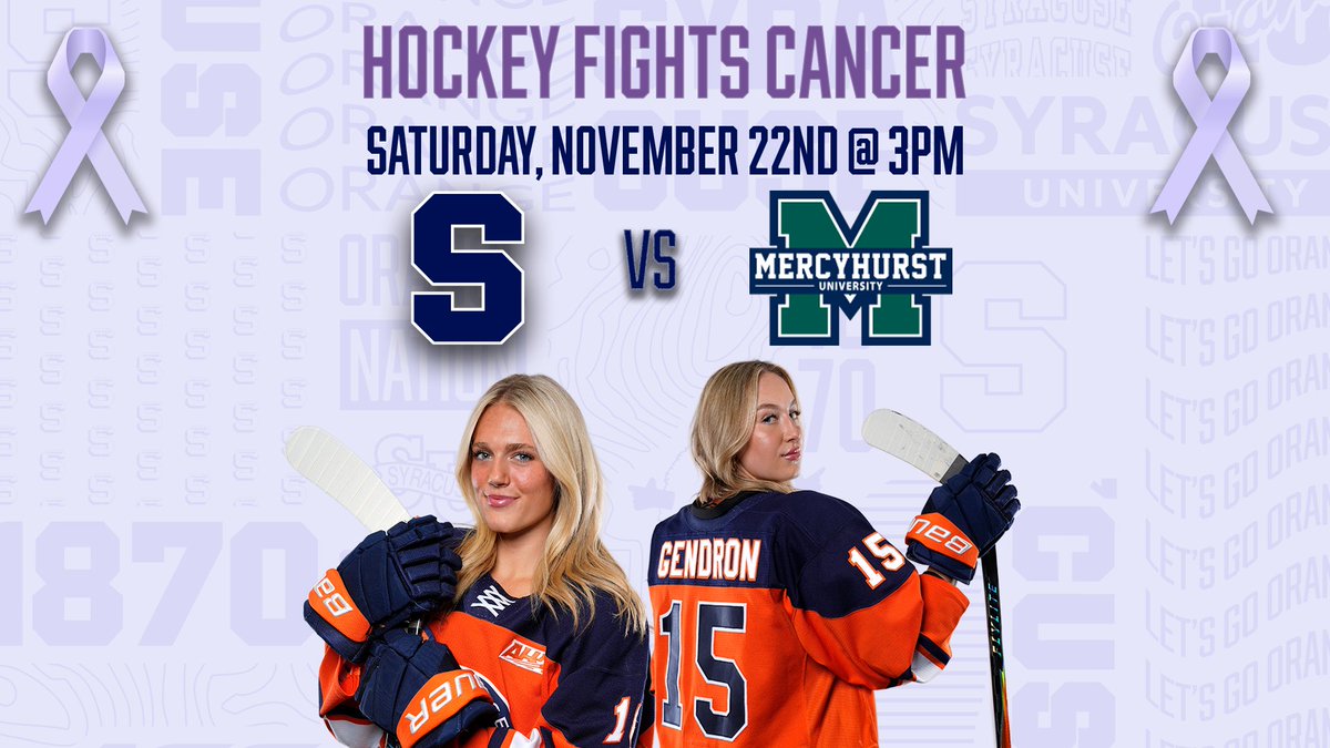 CusePromos's tweet image. .@CuseIce is back at Tennity this weekend, taking on Mercyhurst Friday at 6 PM and Saturday at 3 PM!
Join us Saturday for the annual Hockey Fights Cancer game — wear purple and show support for an incredible cause. 💜🏒