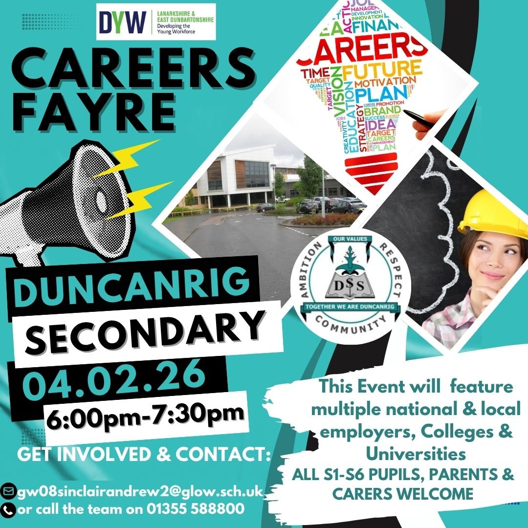 📣 Calling our <a href="/DYWLED/">DYW Lanarkshire & East Dunbartonshire</a> network.

<a href="/DuncanrigScndry/">Duncanrig Secondary</a> is holding a Careers Event on the 4th of Feb, to help prepare our young people for their future. ✅

To get involved contact the team on 01355 588800 or email Drew 📧 gw08sinclairandrew2@glow.sch.uk ✅ 
#Inspire #Future #Careers
