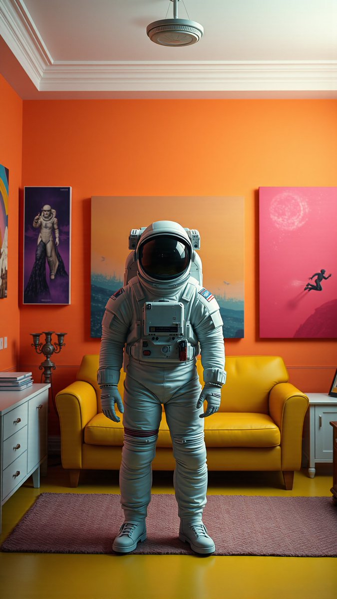 象征加密去中心化悖论的橙色房间中的宇航员