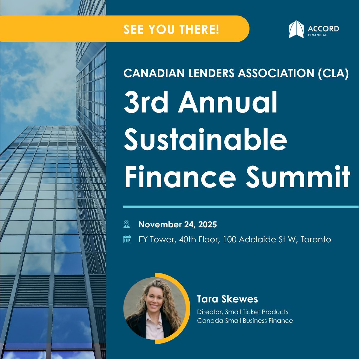 We’re excited to share that Tara Skewes, our Director of Small Ticket Products, will be representing Accord Financial at the 2025 Sustainable Finance Summit in Toronto on Nov 24.  

Reach out: 

📧tskewes@accordfinancial.com
📷 289-808-9555  

#SmallBusinessCanada #FinanceSummit