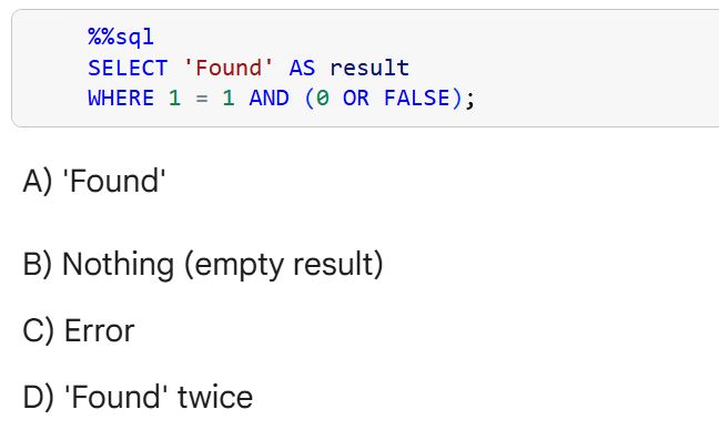 RealBenjizo's tweet image. SQL Question:

What is the output of this query and why, guys?

Don&apos;t be scared to make a mistake; speak your mind. It&apos;s all part of learning.
