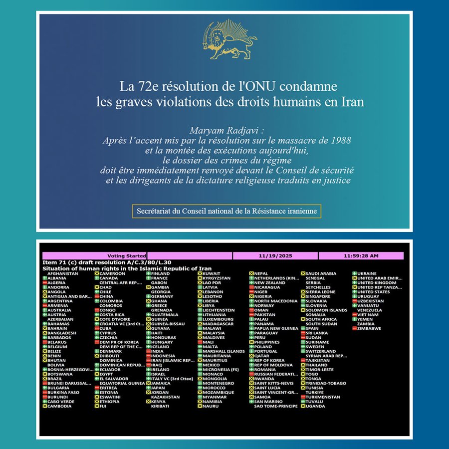 parnian2013's tweet image. 19 nov. 2025, la Troisième Commission de l&apos;Assemblée générale de l&apos;#ONU  vient d’adopter une résolution condamnant les violations flagrantes et systématiques des droits humains en #Iran #StopExecutionInIran @jnbarrot @francediplo #FreeIran10PointPlan