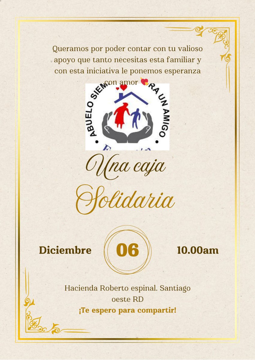 con un granito de colaboración suya podemos llegar a nuestra metas que es que un hogar de un envejeciente que no tenga la cena navideña tu y nosotros se la llevemos recuerda solo un granito de arena será la diferencia para un adultos mayor
tiene una preguntas llama a 809-962-2081