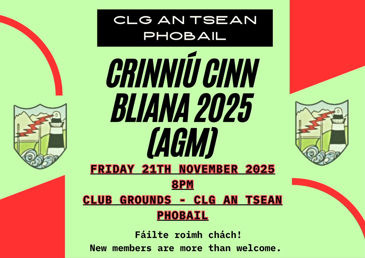 Crinniú Cinn Bliana 2025 🔴⚪️
Ar siúl an Aoine seo 21ú Samhain 8i.n.
Bígí linn!