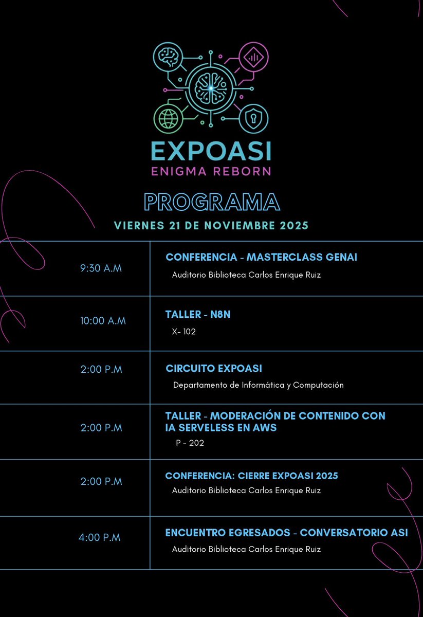 Hoy, 19 de noviembre, el Departamento de Administración de Sistemas Informáticos (ASI) inició el EXPOASI, un evento académico al que podrás asistir, aquí te dejo la programación.