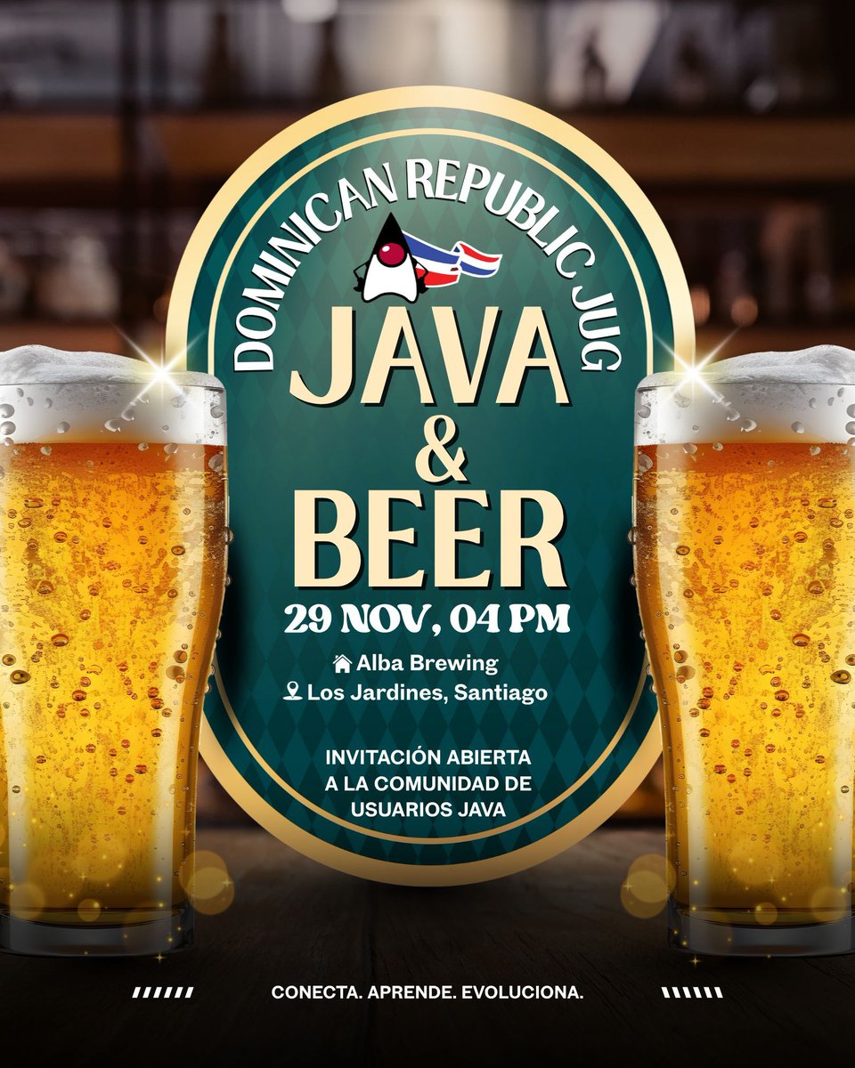 jconfdominicana's tweet image. Este sábado 29 de noviembre, a partir de las 4:00 p.m., nos reuniremos para cerrar el año con estilo: hablando de Java, compartiendo conocimientos y disfrutando de buenos tragos 🍹. 

Registro: 
 eventbrite.com/e/java-beer-20…