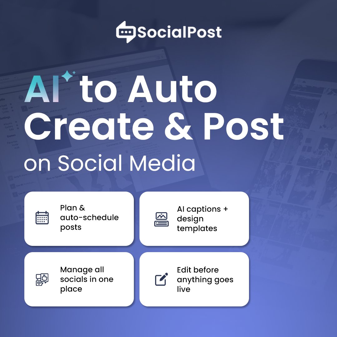 SocialPostAI's tweet image. Manual posting? Done. ✅ With SocialPost.AI, your content writes, designs, and schedules itself so you can stay active without the burnout. One tool. All your socials. AI-powered from start to post. #SocialPostAI #SocialMediaAutomation #AIContentTools