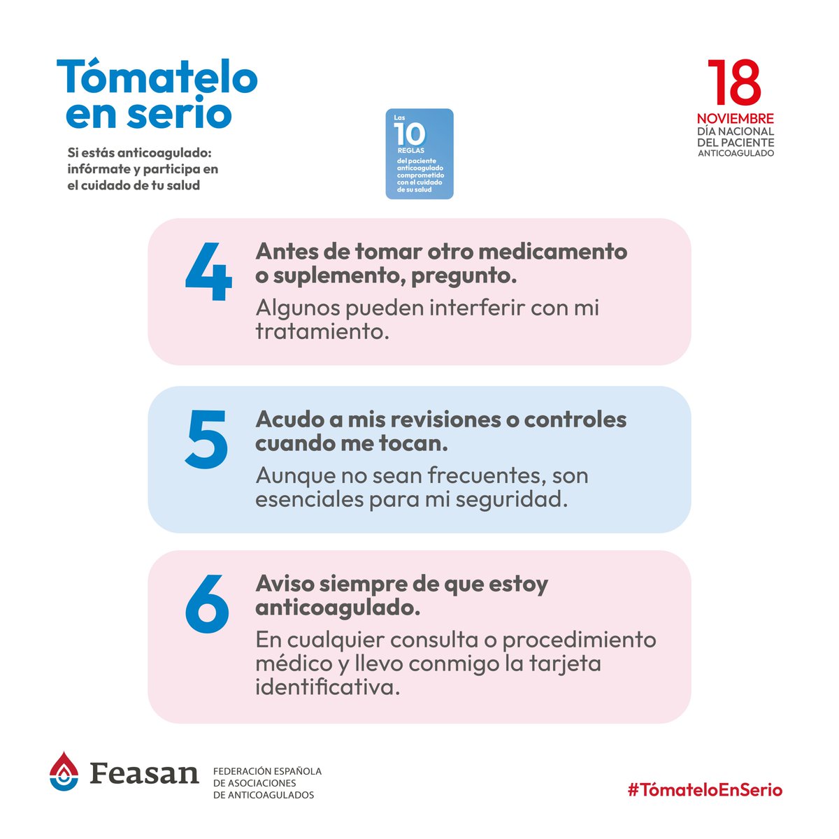 🔴 Más reglas del paciente anticoagulado que se lo toma en serio:
4️⃣ Consultar antes de tomar otros fármacos o suplementos
5️⃣ Acudir siempre a tus revisiones
6️⃣ Avisar en cualquier consulta de que estás anticoagulado
Pequeños gestos que marcan la diferencia.
#TómateloEnSerio