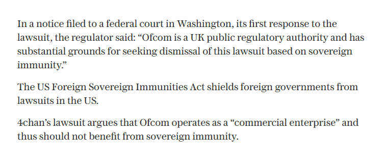 owenboswarva's tweet image. Ofcom has received a short extension to answer the US complaint filed by 4chan/KF re enforcement of the Online Safety Act courtlistener.com/docket/7120992… 

Ofcom declares &apos;sovereign immunity&apos; in free speech battle with US website telegraph.co.uk/business/2025/…

#censorship #openweb #techpolicy