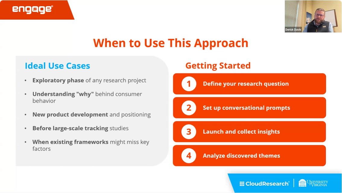MMandySha's tweet image. Why use #AI #chatbot 🧐 #ConsumerBehavior &amp;amp; decision-making for #mrx?

@UVAMcIntire Derick Davis @leib_litman @CloudResearch
🗣️ qual + quant questions 
🤝 conversational interviews
🔊 MANY iws in parallel
🔎 mixed-methods &amp;amp; thematic analysis for open ends

@InsightsMRX Webinar