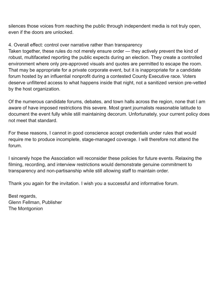 montgomeryleek's tweet photo. 4/4
Full decline letter is attached as a PDF.
Hope MCSBA reconsiders these rules before the next forum. The public deserves better.
Note: MCSBA policies are effective just today. We're flattered.
#MoCo #MoCoPolitics #mdpolitics https://t.co/HbnO6B2BXn