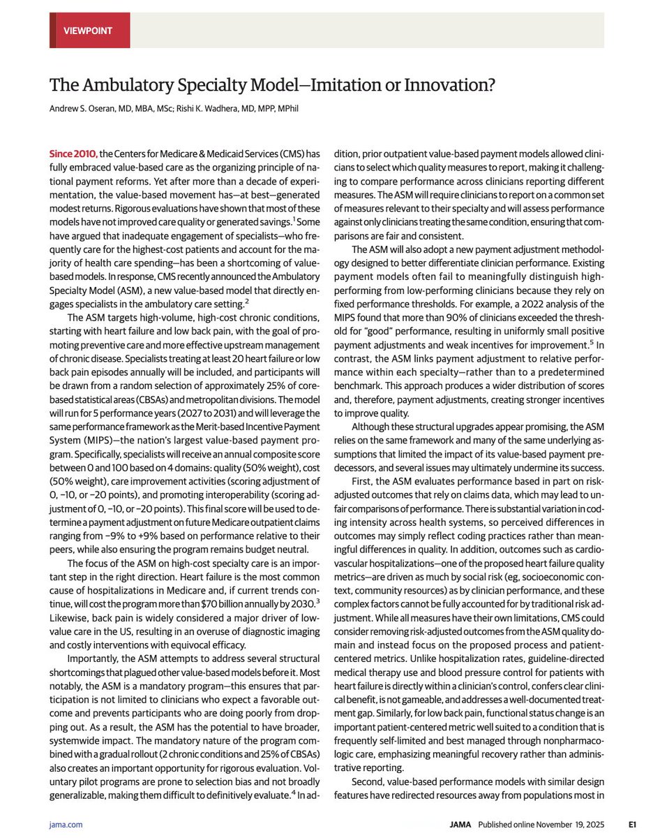 rkwadhera's tweet image. Value-based care has largely fallen short in the US. CMS’s new Ambulatory Specialty Model tries to change that by bringing specialists to the table

In @JAMA_current, we ask whether this is true innovation, or just an imitation of past failures? 
bit.ly/3XpG7Wt