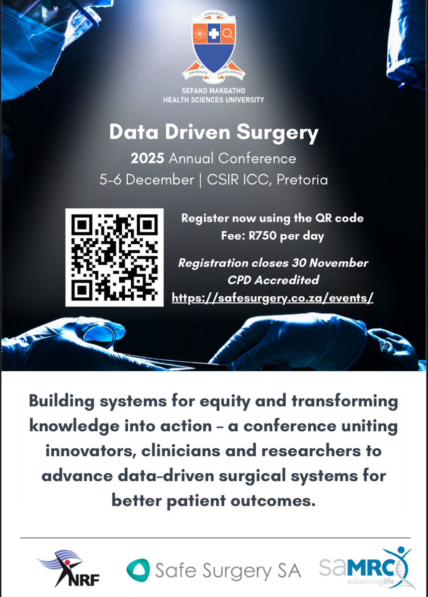 ⏳16 Days to go!
📢Register now to join us at the Second Data Driven Surgery Conference.

🗓 5th and 6th December 2025
🌍CSIR, Pretoria, South Africa
🌐redcap.link/datadrivensurg… 

Join the engagements to strengthen Surgical Systems and Patient Outcomes in South Africa and beyond.