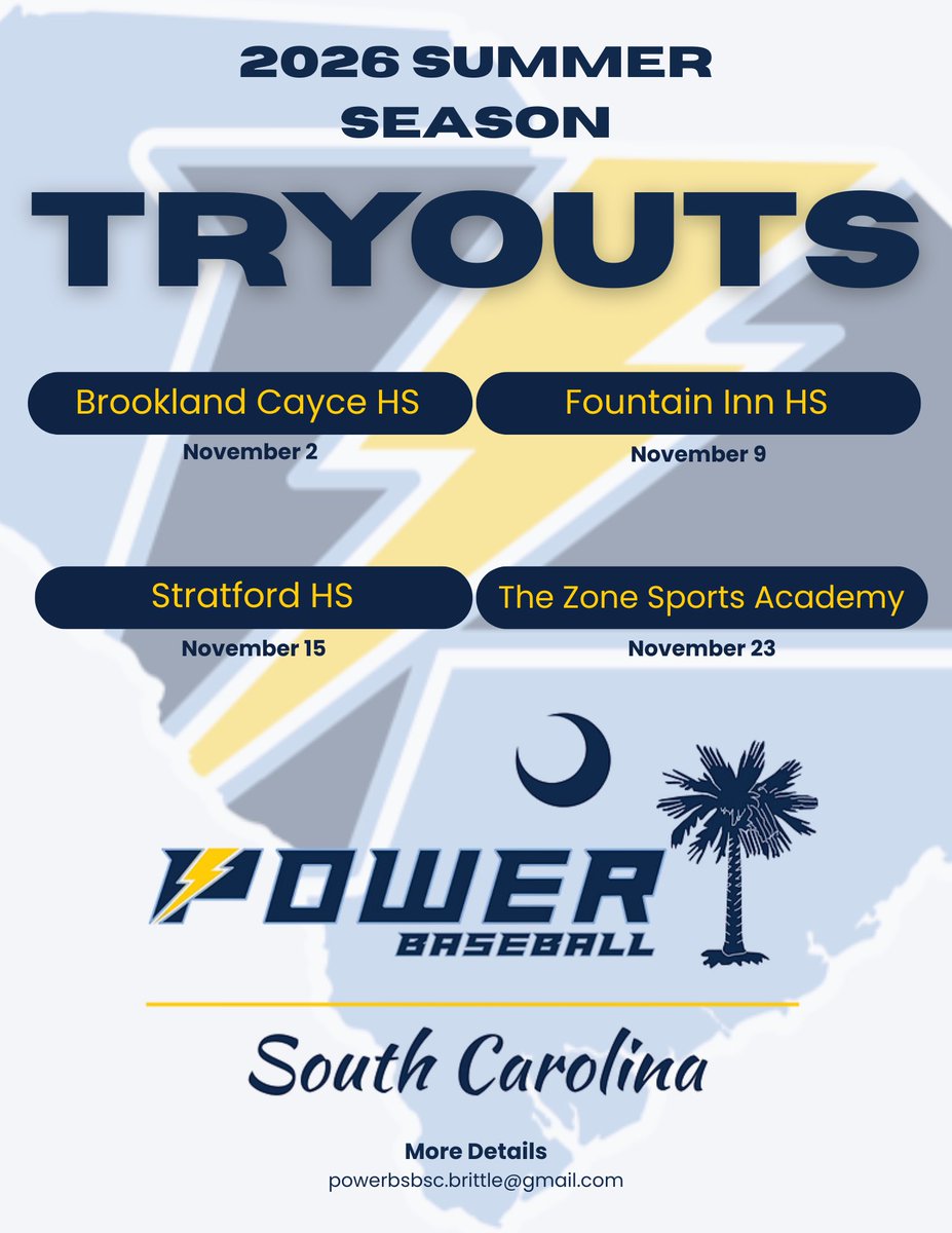 PowerBSB_SC's tweet image. Join us for our 2026 Summer Season tryout this Sunday at The Zone Sports Academy in Murrells Inlet! 

It’s time to #PowerUp ⚡️

🔗 powerbsb-sc.sportngin.com/register/form/…