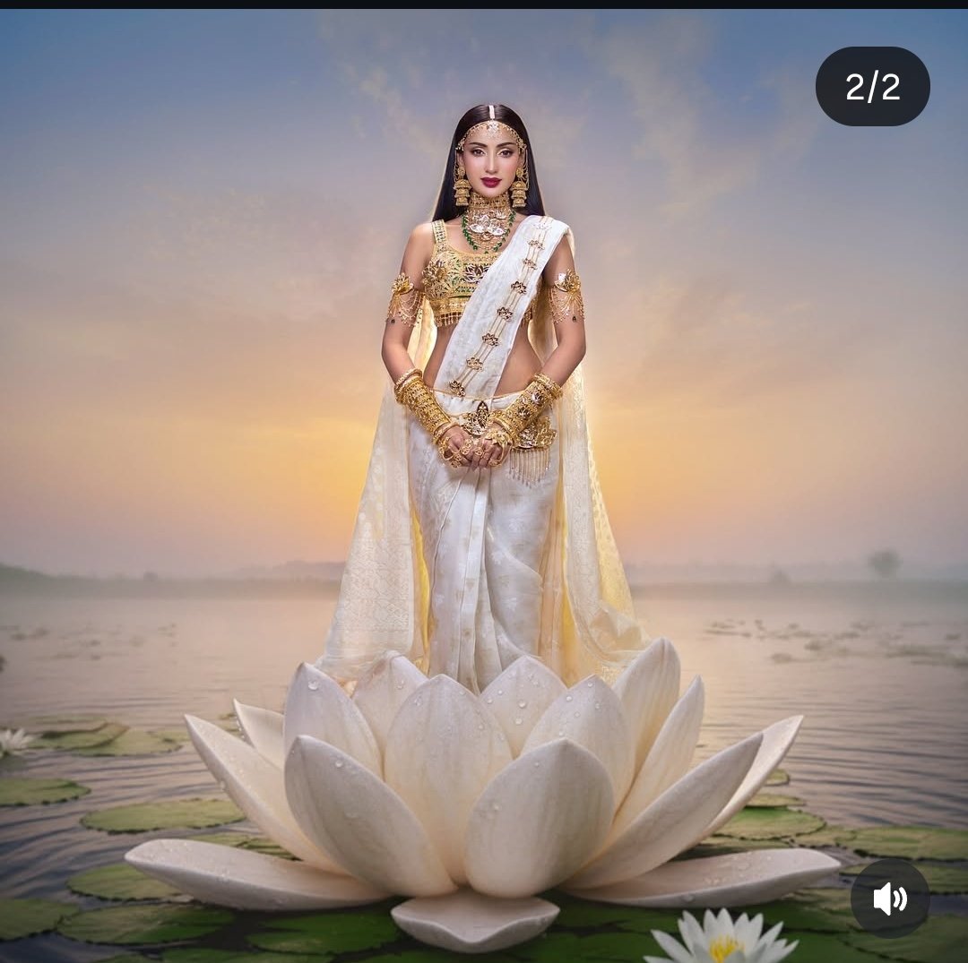 IndianAesthetik's tweet image. miss bangladesh 2025, tangia methela representing national costume of bangladesh. wears a white saree, in a lotus with 16 shringar, essential part of hindu jewelry &amp;amp; a direct imagery of goddess saraswati, yet has not credited hindu culture. Instead she calls it mughal heritage.