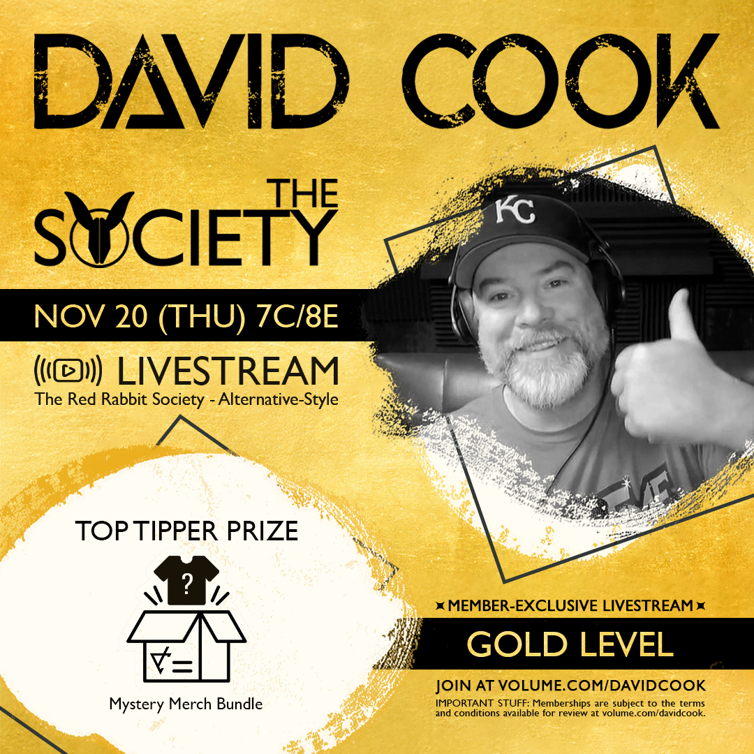 GetOnVolume's tweet image. We got a fun weekend filled with David Cook on @GetOnVolume: 

11.20 - Alternative Style⁠; Levels with access: 🥇⁠
11.21 - Acoustic Livestream⁠🥉🥈🥇💲⁠
11.23 - SunDave Service⁠🥉🥈🥇⁠

Join Red Rabbit Society @ volume.com/davidcook/