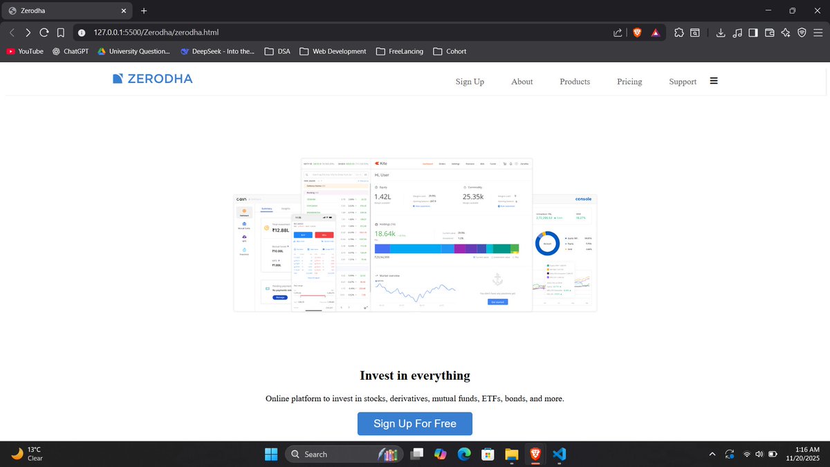 HritikCode07's tweet image. Its been so Long time since I made any projects , I was stuck In Tutorial Hell , So today I made a Zerodha Clone Using Just HTML CSS , this refreshed my knowledge