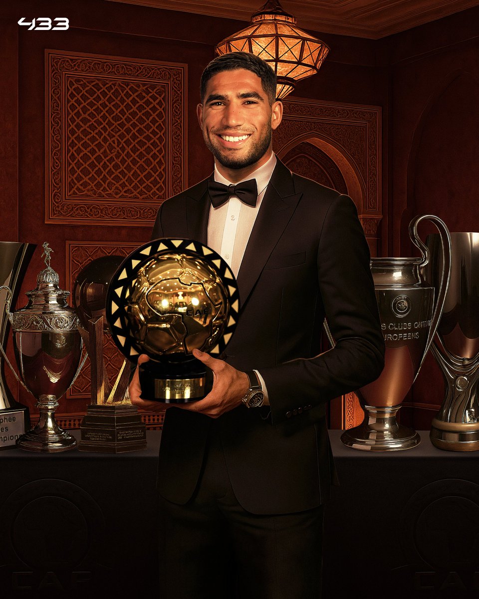 𝐇𝐀𝐊𝐈𝐌𝐈 𝐈𝐒 𝐓𝐇𝐄 𝐀𝐅𝐑𝐈𝐂𝐀𝐍 𝐅𝐎𝐎𝐓𝐁𝐀𝐋𝐋𝐄𝐑 𝐎𝐅 𝐓𝐇𝐄 𝐘𝐄𝐀𝐑 🥇🇲🇦

Absolutely deserved after a year of goals, assists &amp; incredible performances 😮‍💨

🏆 Champions League
🏆 Ligue 1
🏆 UEFA Super Cup
🏆 Coupe de France
🏆 Trophée des Champions

He also helped