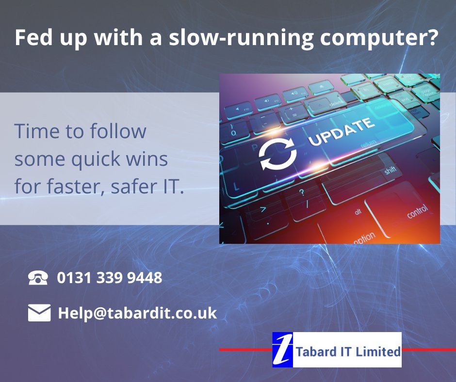 TabardITLtd's tweet image. Computer running slowly or acting strangely? Time for a digital tune-up:

🔹Turn on automatic Windows and antivirus updates
🔹Run regular malware scans
🔹Clear out temporary files with Disk Cleanup
🔹Archive old Outlook emails
🔹Avoid cluttering your desktop with large files