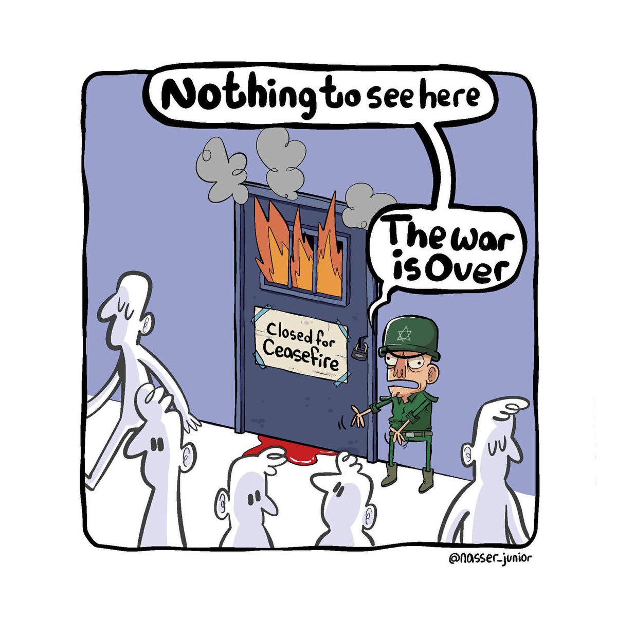 QudsNen's tweet image. A cartoon by Nasser highlights ongoing violence despite claims that the Israeli war on Gaza has ended.