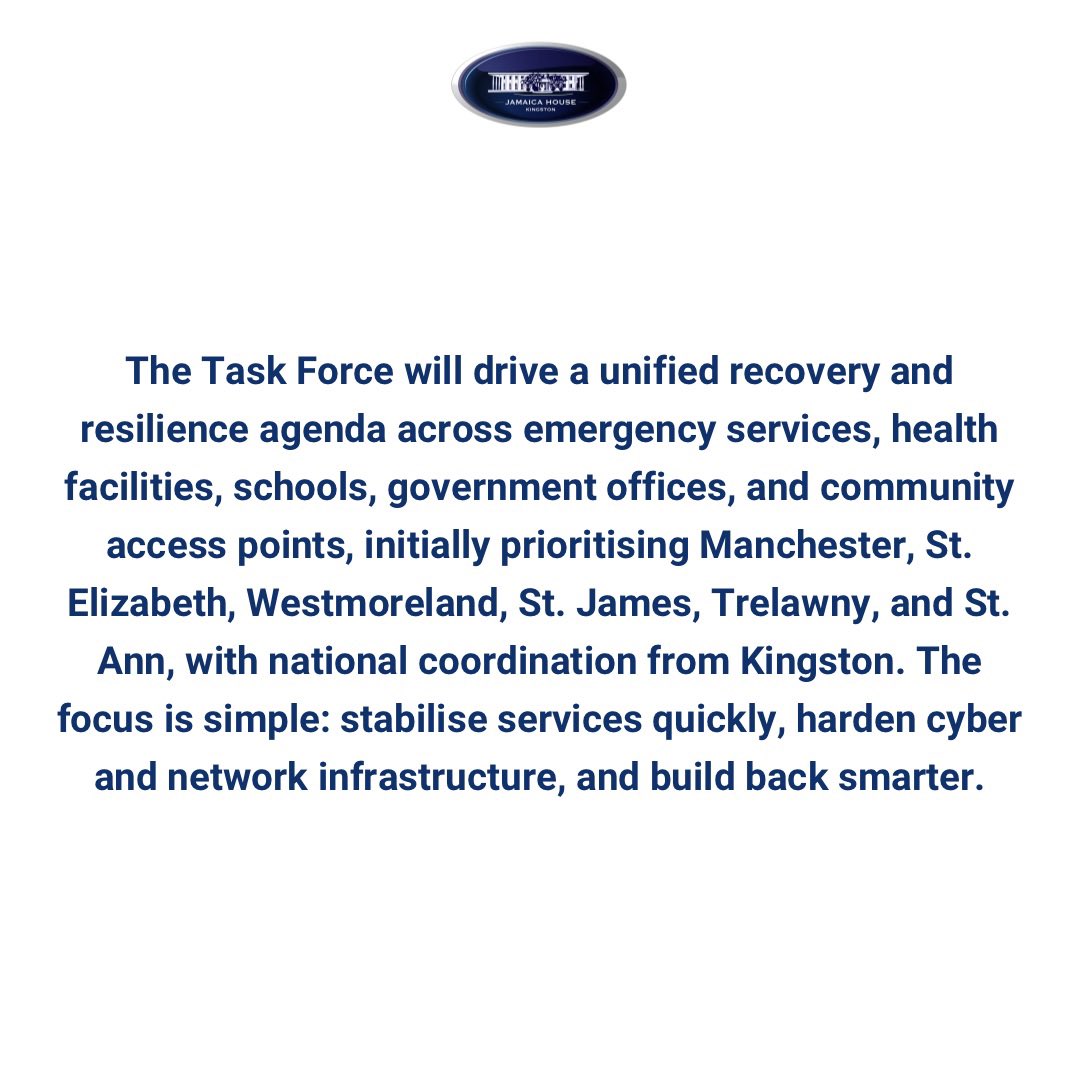 AndrewHolnessJM's tweet image. Government Establishes Technology Recovery Task Force to Restore and Modernise Critical Digital Services after Hurricane Melissa