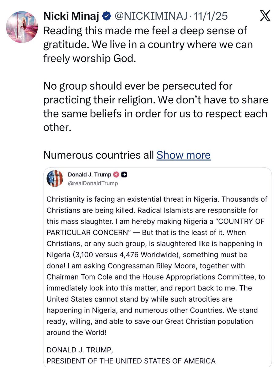 OurFavOnlineDoc's tweet image. As far back as 2015, Nicki Minaj has been speaking and lending her voice to pray and lend support for Nigeria.

Her love for Nigeria did NOT start today.
2015. 2020. 2025. So many tweets of her standing with Nigeria through tough times.

Only senseless sycophants and govt…