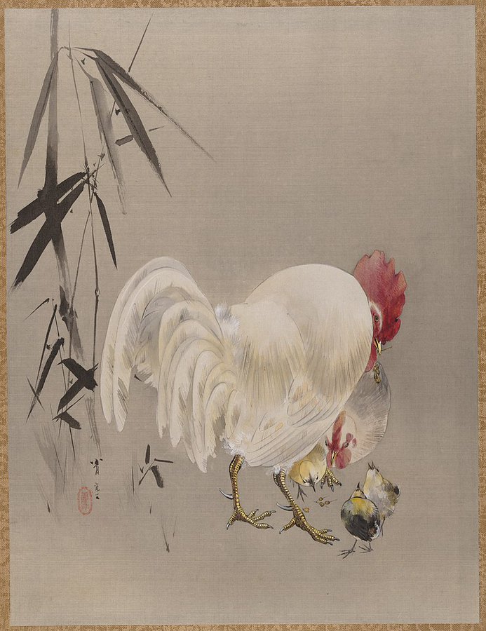 Rooster and Hen with Chicks, by Watanabe Seitei, ca. 1887