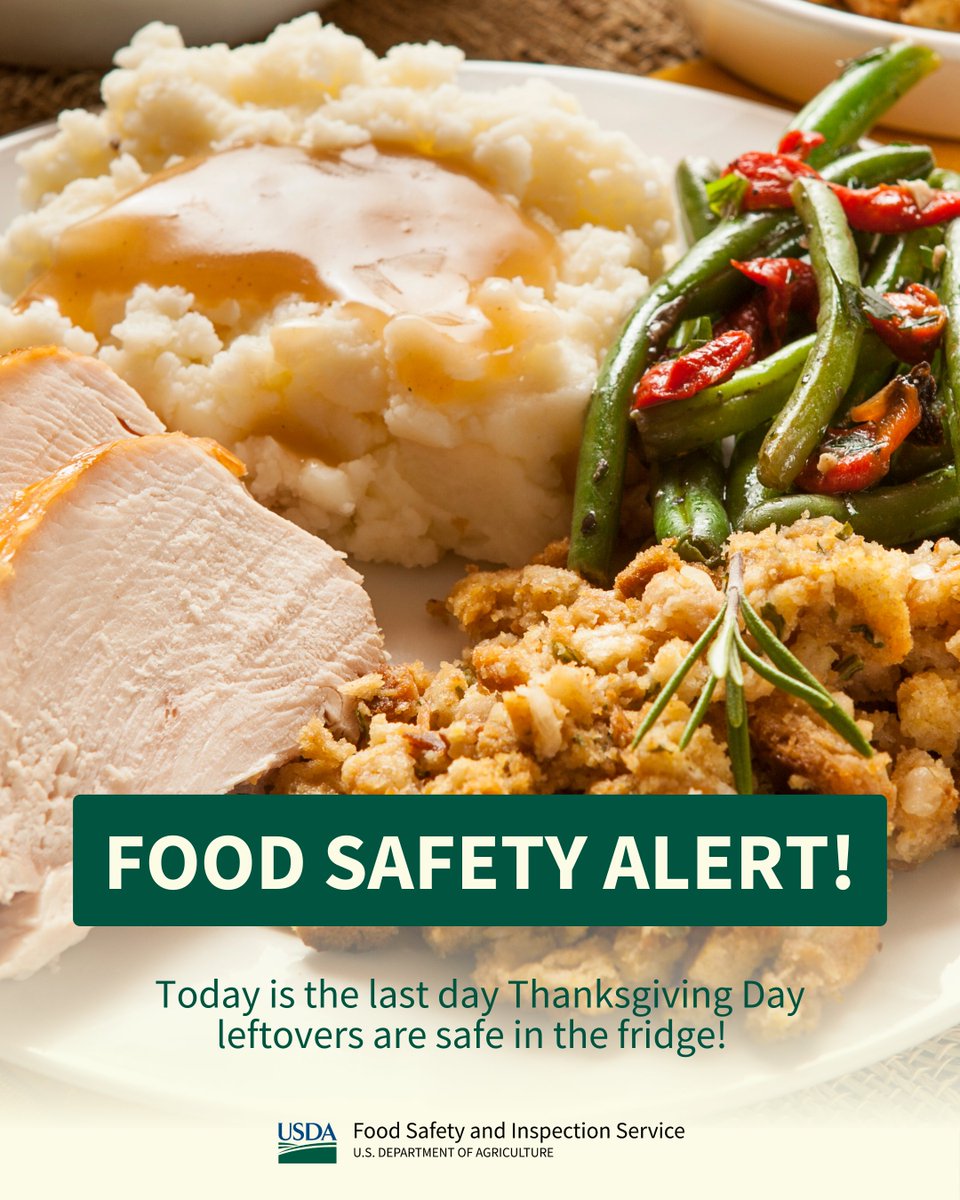 USDAFoodSafety's tweet image. Today’s the last day Thanksgiving Day leftovers are safe in the fridge. To avoid food waste, place them in the freezer ❄ where they will remain safe indefinitely when stored at 0 F or below.  fsis.usda.gov/food-safety/sa… #ThanksgivingFoodSafety 🦃