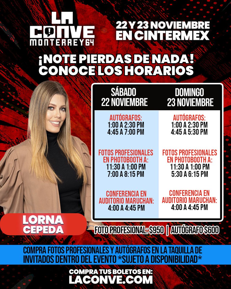 LaConveMTY's tweet image. 📅✨ ¡Que no se te pase nada!
Estos son los horarios de los invitados internacionales  para que armes tu plan y disfrutes La Conve 64 al máximo!

Consulta el programa completo en: laconve.com/programa

#LaConve64 #MonterreyEsTerritorioLaConve #Programa #Horarios #Convención