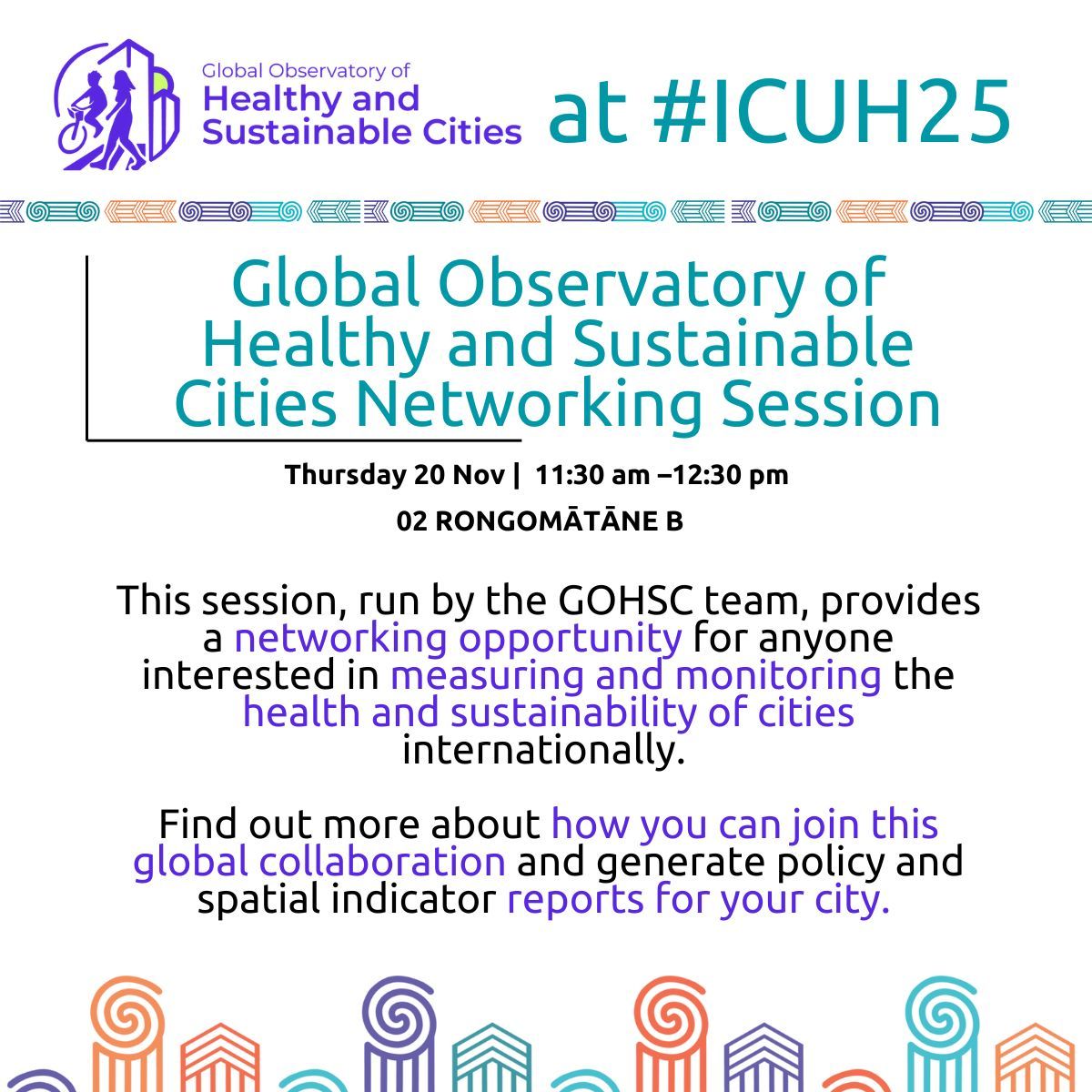 Join the GOHSC Networking Brunch!
🗓 Thu 20 Nov
🕦 11:30am–12:30pm
📍 02 RONGOMĀTĀNE B
Let's connect to discuss how to measure and monitor healthy, sustainable cities and build global collaboration. <a href="/DrMelanieLowe/">Melanie Lowe</a> <a href="/carlhiggs/">Carl Higgs</a>  <a href="/DrHinckson/">Erica Hinckson</a> <a href="/IS_UrbanHealth/">ISUH</a>