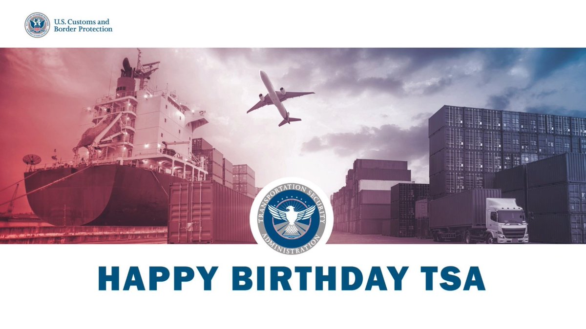 #HappyBirthday to <a href="/TSA/">TSA</a>! Thank you for 24 years of ensuring safe travel and protecting America’s transportation systems. <a href="/CBP/">CBP</a> Operations Support is proud to work alongside you in keeping our Nation secure. #CBPOpsSpprt <a href="/CBPLSSAC/">CBP Laboratories & Scientific Services</a> <a href="/CBPPAREXD/">CBP Planning, Analysis, & Requirements Evaluation</a> <a href="/CBPLESCXD/">LESC Executive Director Kenneth Blanchard</a> <a href="/CBPIntlAffairs/">CBP International Affairs</a>