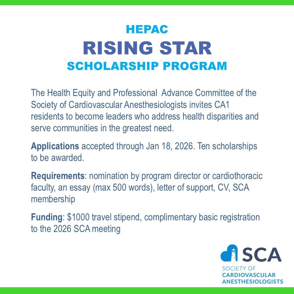 MCGanesthesia's tweet image. CA1 residents are encouraged to apply to the @scahq  Rising Star Scholarship Program by Jan 18. #anesthesiology #residency #cardiothoracic scahq.org/fellowships-an…