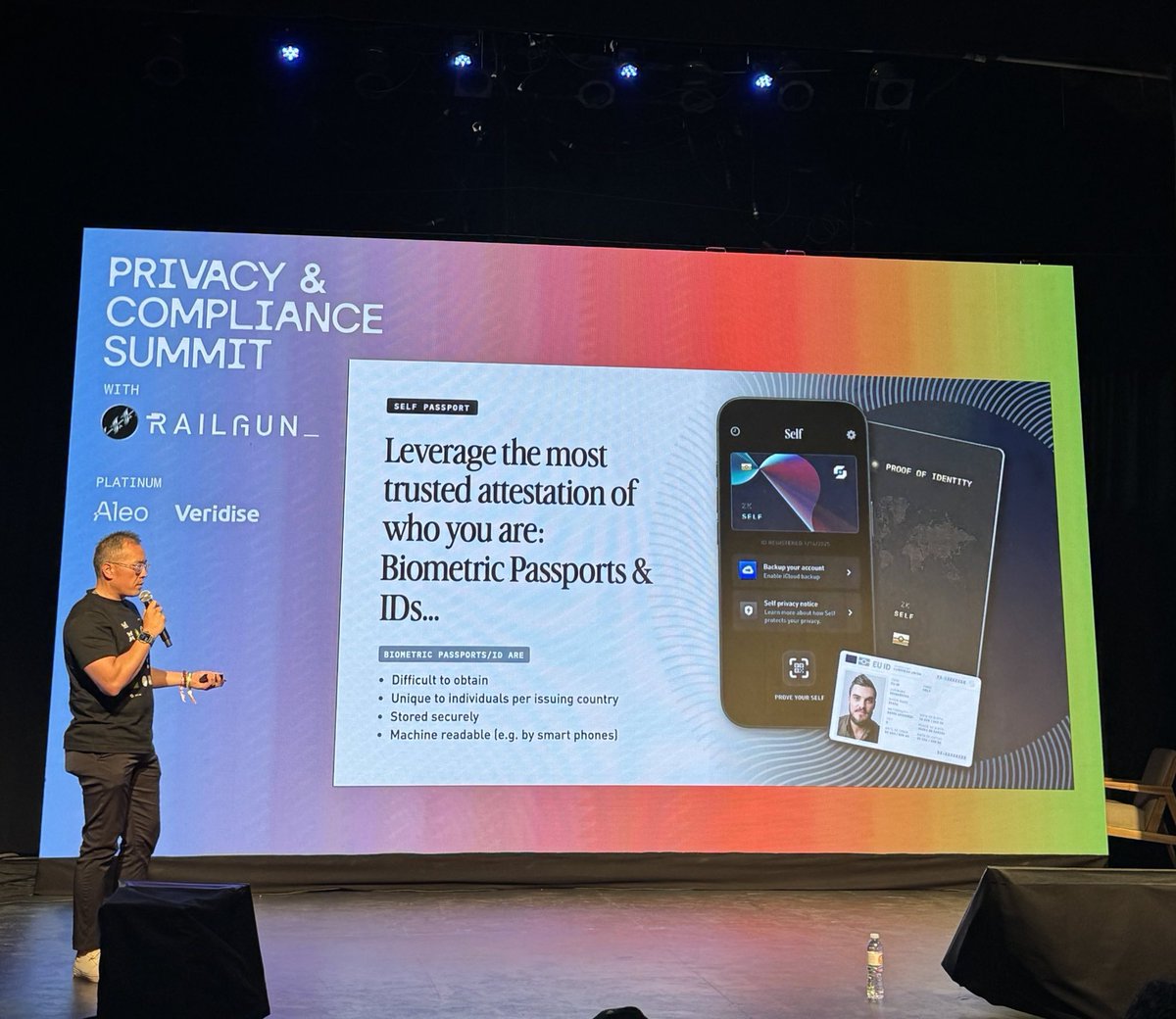 SelfProtocol's tweet image. CEO &amp;amp; co-founder @ericnakagawa live from the Privacy &amp;amp; Compliance Summit stage 📸

Eric presented Self’s privacy-preserving identity solutions &amp;amp; discussed the latest applications from Sybil resistant token distribution to boosted yield for real humans