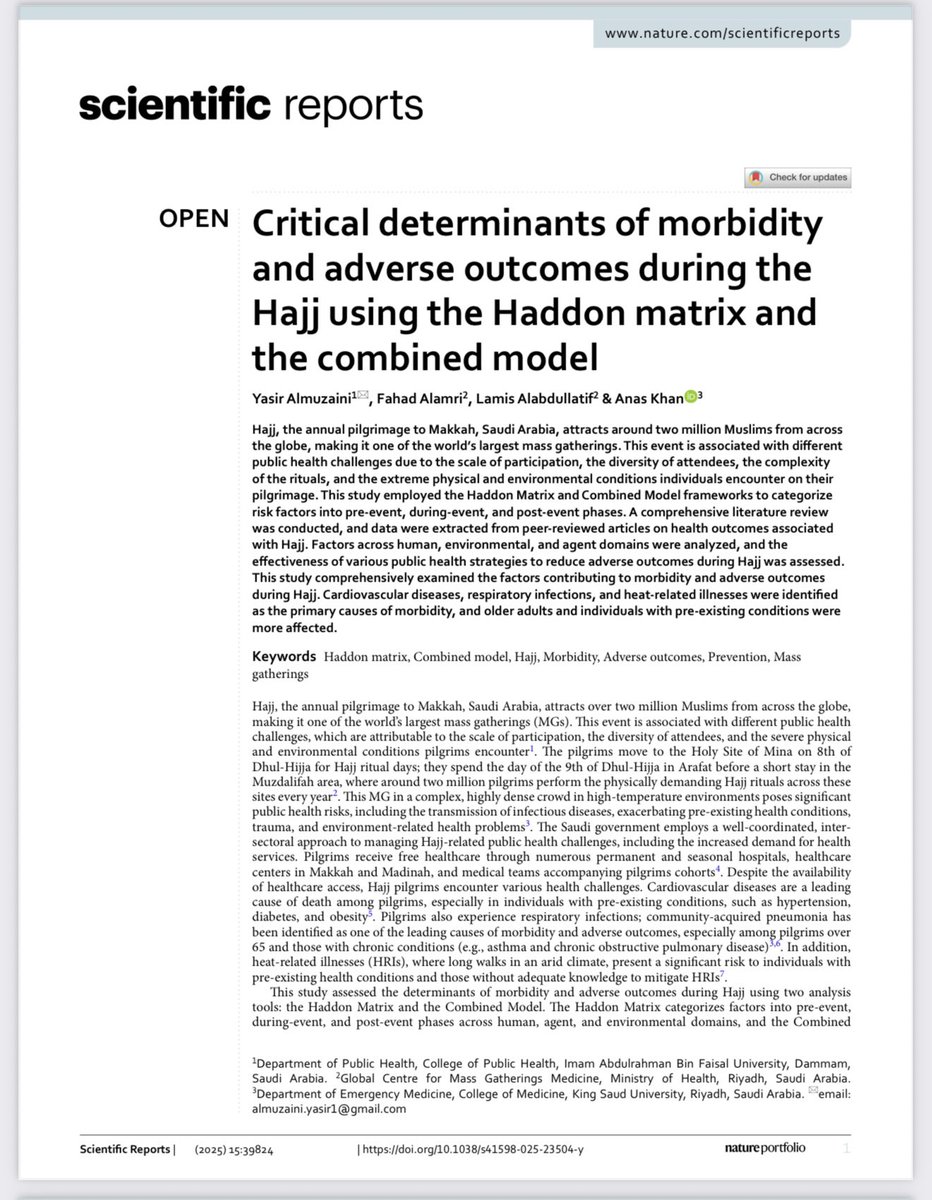 IAU_CPH's tweet image. بحمد الله وتوفيقه تم نشر #بحث_علمي لطالب برنامج #الدكتوراة في #العلوم_الصحية ياسر المزيني بعنوان:
Critical determinants of morbidity and adverse outcomes during the Hajj using the Haddon matrix and the combined model
متمنين له التوفيق والنجاح ✨

doi.org/10.1038/s41598…