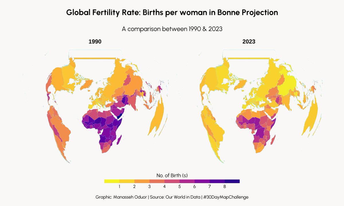 Manasseh_6's tweet image. Day 19 of #30DayMapChallenge ~ Projections.

Global Fertility Rate in Bonne projection.

#rstats #dataviz #gis #map #spatial #world