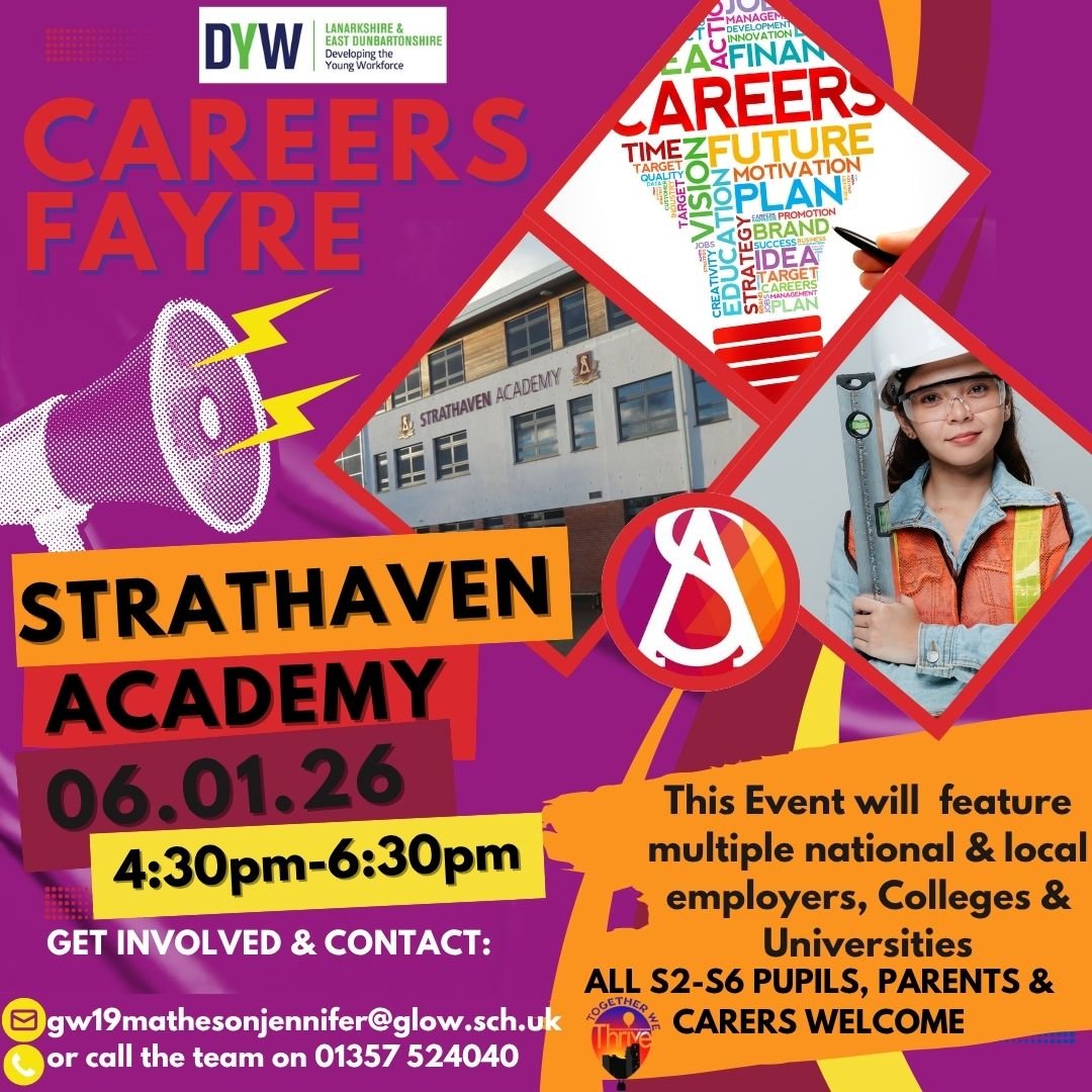 📣 Calling our <a href="/DYWLED/">DYW Lanarkshire & East Dunbartonshire</a> network.

<a href="/StrathavenAcad/">Strathaven Academy</a> is holding a Careers Event on the 6th of Jan, to help prepare our young people for their future. 🗓

We're inviting Colleges, Uni's, employers, &amp; partners to attend. 

Contact: 01357 524040 or  gw19mathesonjennifer@glow.sch.uk  👈🏻