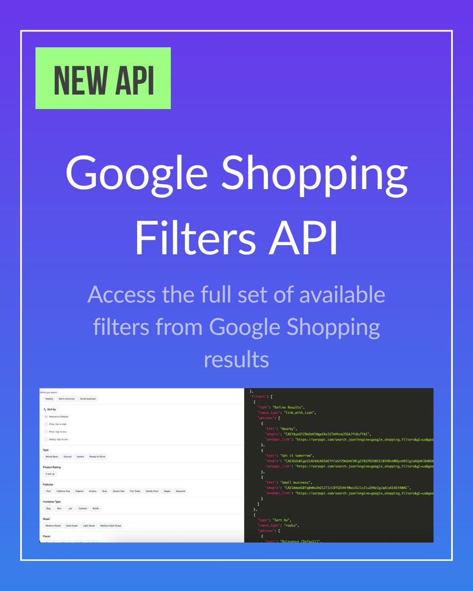 serpapi's tweet image. 🚀 New API Launch!

Introducing the Google Shopping Filters API: You can now access the full set of available filters from Google Shopping results. View the Carousel Filters and more within the Filters section of our JSON results.

Full documentation: serpapi.com/shopping-filte…

New…