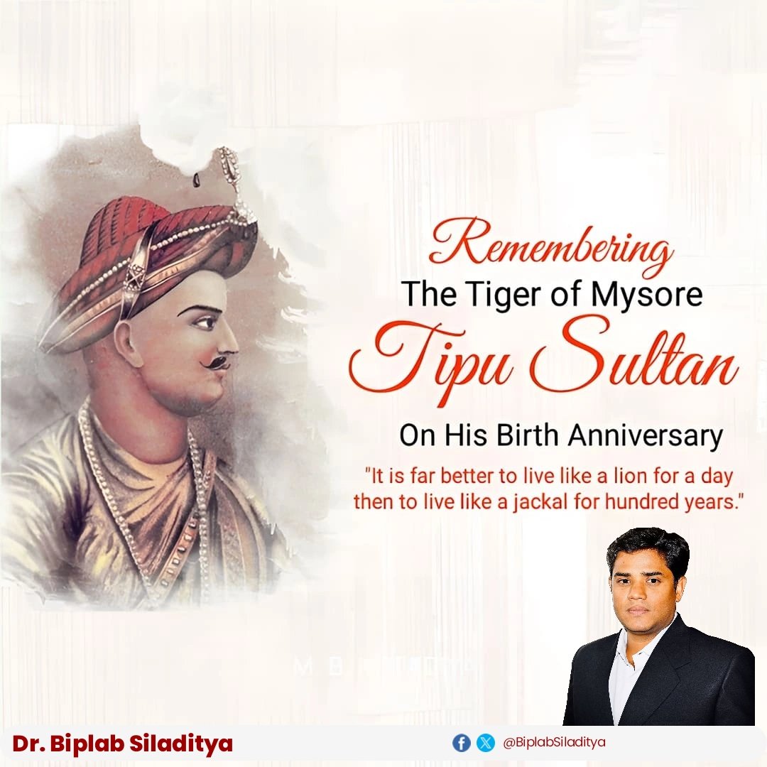 BiplabSiladitya's tweet image. On the birth anniversary of Tipu Sultan, we honour a warrior-king whose valour, leadership and sacrifice left an indelible mark on India’s freedom struggle.